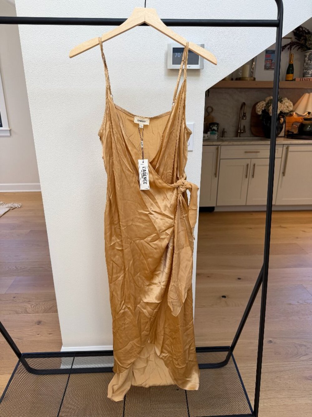 L'AGENCE Amilia Satin Wrap Maxi Dress Champagne Gold NWT Size 6